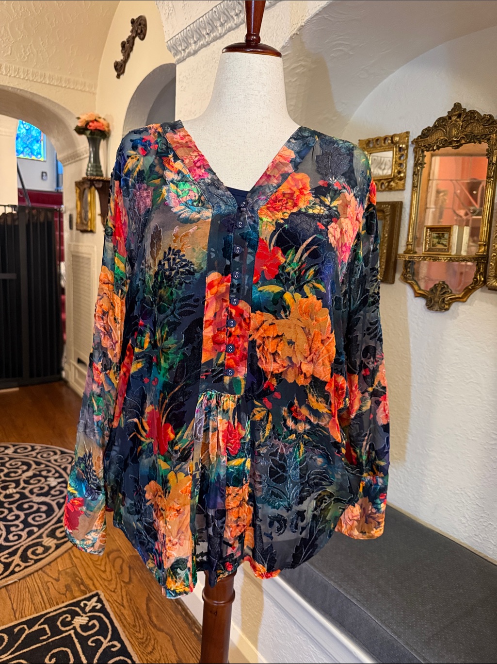 Johnny Was Burnout Velvet Floral Button-Front Blouse In Navy & Vibrant Floral